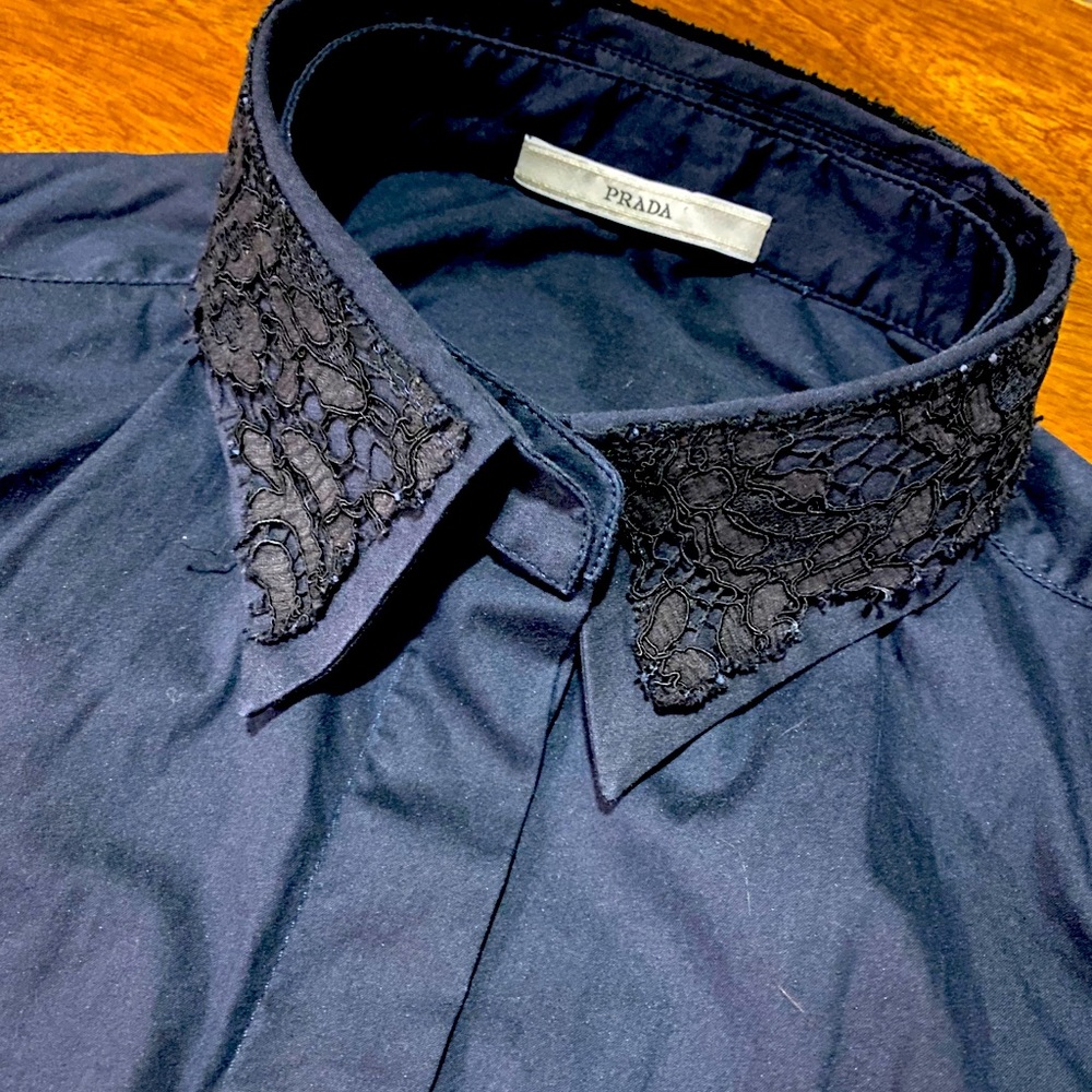 Navy Prada Lace Collar Button Shirt